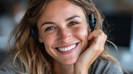 Fototapeta premium With a warm smile, the woman enjoys a lively conversation while using a headset in a bright, contemporary office space decorated with soft lighting