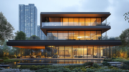 Modern architectural design featuring contemporary mid rise building with large glass windows