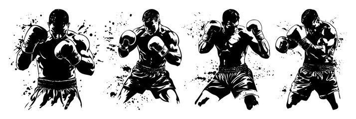Fototapeta premium boxers in fighting stance black ink vector set