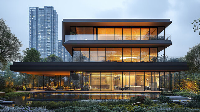 Modern architectural design featuring contemporary mid rise building with large glass windows