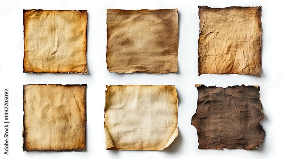 Aufkleber set of paper sheets that are both burnt and crumpled, creating a textured, aged effect on white back