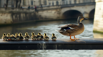 Mother duck leads her fluffy ducklings in line along metal railing by river with historic stone bridge in background, creating charming and peaceful scene