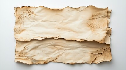 Obraz premium Set of paper sheets with jagged, burnt edges and deep creases, lying on a white background.