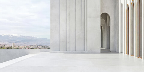 Fototapeta premium Modern architectural space with elegant columns and stunning mountain view