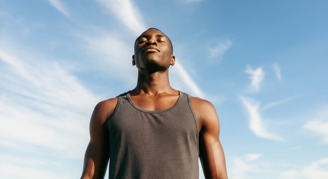 Serene young Black man meditating outdoors under clear blue sky - Powered by Adobe