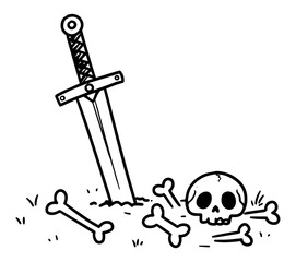 sword and skull bones silhouette black outline vector fantasy cartoon icon