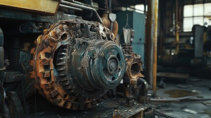 Rusty gears and damaged parts from abandoned machinery