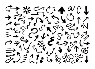 hand drawn arrow silhouette set black vector doodle style direction icons