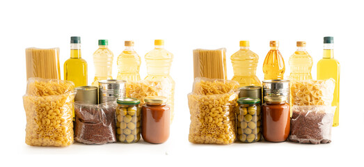 Foodstuffs in donation box isolated on white background for volunteer to help people.