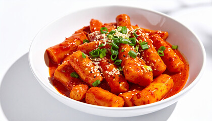 Korean Tteokbokki in Spicy Red Sauce with Sesame and Scallions