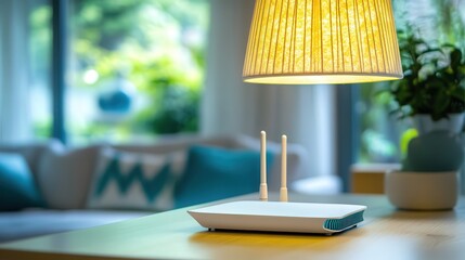 A Wi-Fi router placed on a stylish table ensures that the surrounding area enjoys uninterrupted internet access, allowing seamless connectivity.