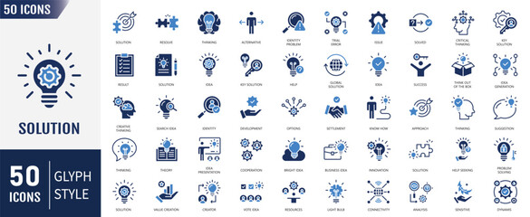 Solution flat icon set. Containing problem-solving, alternative, resolve, answer, maze, issue, success and more. Vector illustration