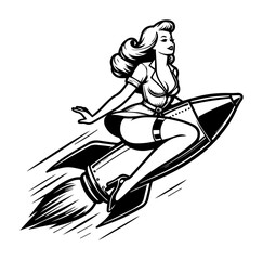 pin up girl riding rocket silhouette black vintage tattoo style vector art