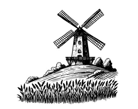vintage windmill on hill silhouette black vector engraving rural landscape art