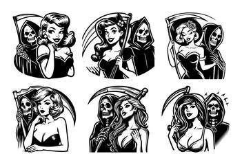 pin up girl and grim reaper silhouette set black vintage tattoo vector art
