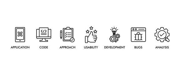 Software testing banner web icon set vector illustration concept with icon of analysis, development, application, code, approach, usability, and bugs icons infographics symbol background