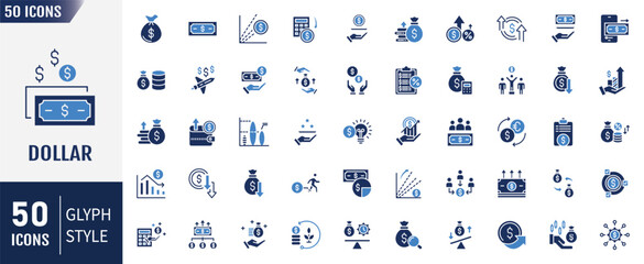 Dollar flat icon set. Containing dollar sign, currency exchange, cash, coins, banknotes, digital dollar and more. Vector illustration