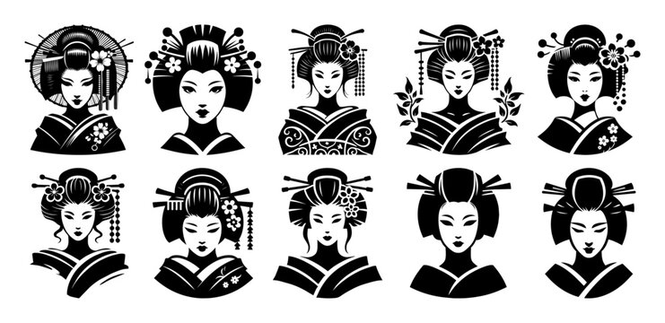 geisha face silhouette set japanese traditional black vector portrait design