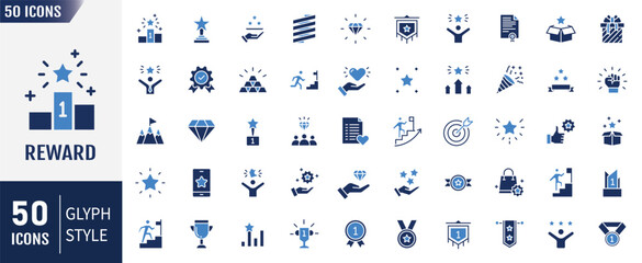 Reward flat icon set. Containing gift, trophy, recognition, reward program, medal, bonus, and more. Vector illustration
