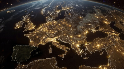 blackout in the iberian peninsula: map of europe with light, but spain and portugal in darkness due to a blackout caused by a failure in the electric supply