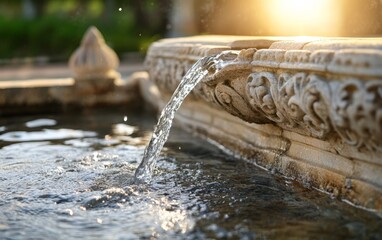 Water flowing from ornate fountain in serene garden setting