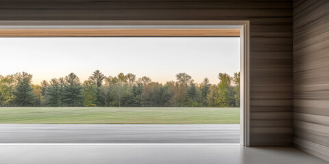 Natural landscape viewed from modern architectural space in early dawn light