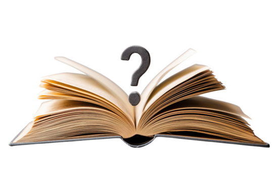 Open Vintage Book With Question Mark On Aged Pages isolated on a transparent background