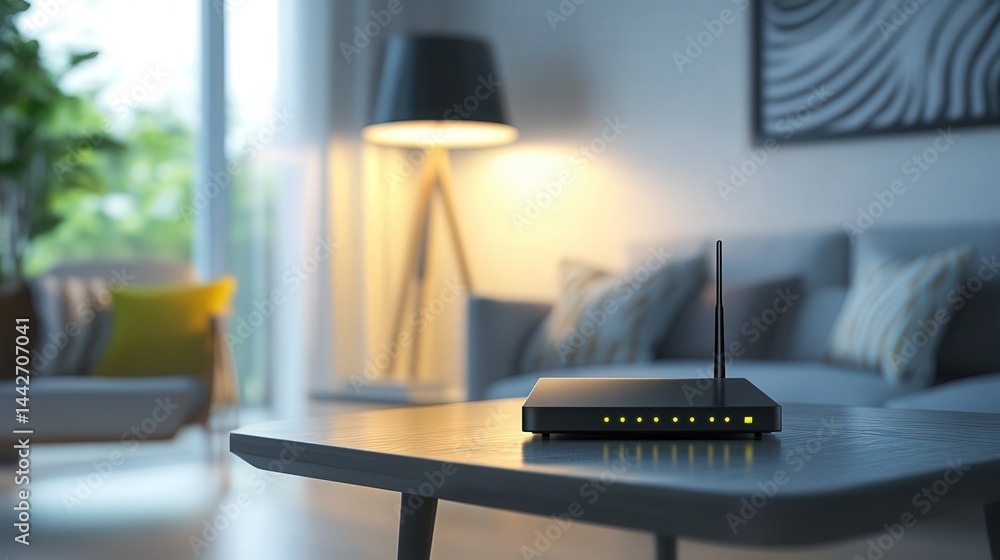 Poster a wi-fi router rests on a sleek table in the corner of a modern room, its lights flashing to provide