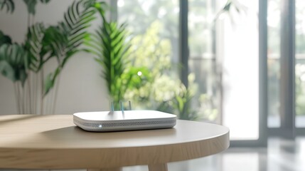 A Wi-Fi router rests on a sleek table in the corner of a modern room, its lights flashing to provide seamless internet connection for the surrounding area.