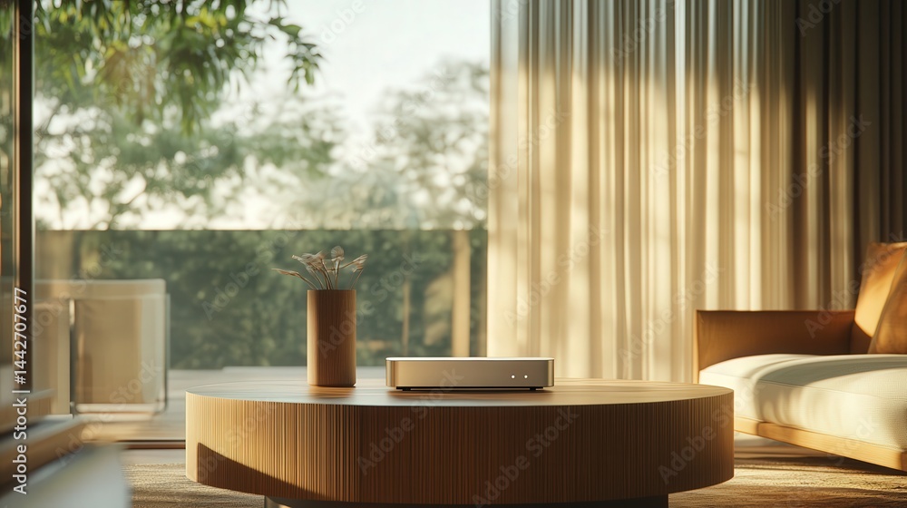 Poster a wi-fi router sits atop a contemporary table, sending out a steady stream of internet signals throu