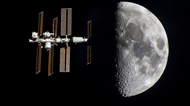 International Space Station orbiting near detailed half moon in space, showing solar panels and lunar craters with dark starry background, evoking awe and wonder - Powered by Adobe