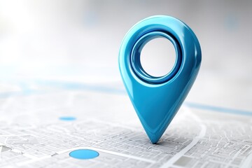 Fototapeta premium Blue 3D location pin on abstract map. Modern GPS technology visual, clean style, vibrant contrast. Great for app UI, wayfinding, or geospatial tools.