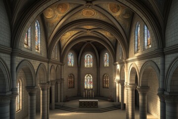 Fototapeta premium A captivating interior view of an ornate church, featuring elegant stone arches, intricate frescoes on the ceiling, and soft light streaming through stained glass windows. 