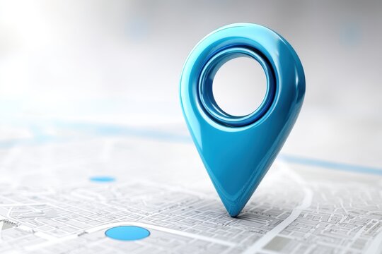 Blue 3D location pin on abstract map. Modern GPS technology visual, clean style, vibrant contrast. Great for app UI, wayfinding, or geospatial tools.