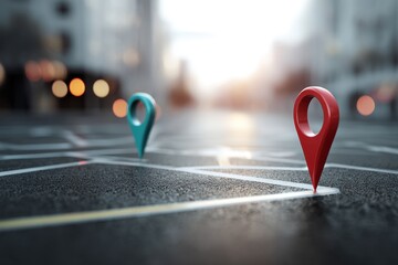 Colorful 3D location pin on abstract map. Modern GPS technology visual, clean style, vibrant contrast. Great for app UI, wayfinding, or geospatial tools.