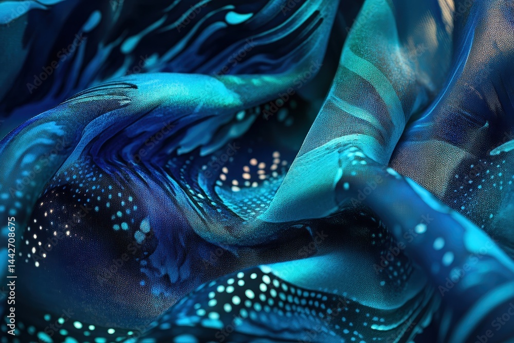 Aufkleber close-up view of a dynamic fabric with teal and navy patterns.