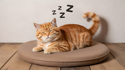 Content ginger cat sleeping peacefully on a cozy round cushion with a relaxing wooden floor background