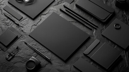 Obraz premium Dark, modern stationery design mock-up on a textured surface.