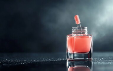 Elegant Pink Nail Polish in Stylish Bottle with Brush on Dark Background