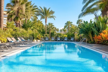 A luxurious hotel leisure area featuring a sparkling outdoor pool surrounded by palm trees, lounge chairs, and vibrant tropical plants.