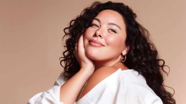 Confident plus-size woman with glowing skin, natural curls, and a radiant smile celebrates beauty diversity and self love in a modern body positive portrait.