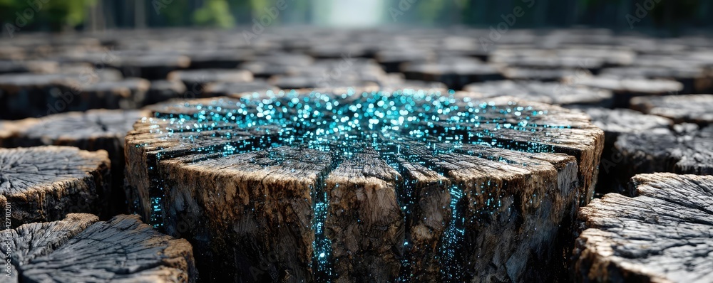 Poster tree stump demonstrating illegal logging and ecosystem damage concept. a vibrant blue liquid flows f