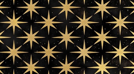 Simple geometric seamless pattern featuring elegant gold eight-pointed stars scattered with tiny white specks on a solid black background. 