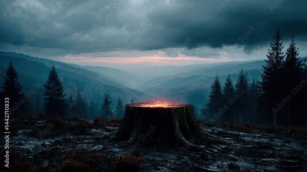 Poster tree stump demonstrating illegal logging and ecosystem damage concept. a serene landscape featuring 