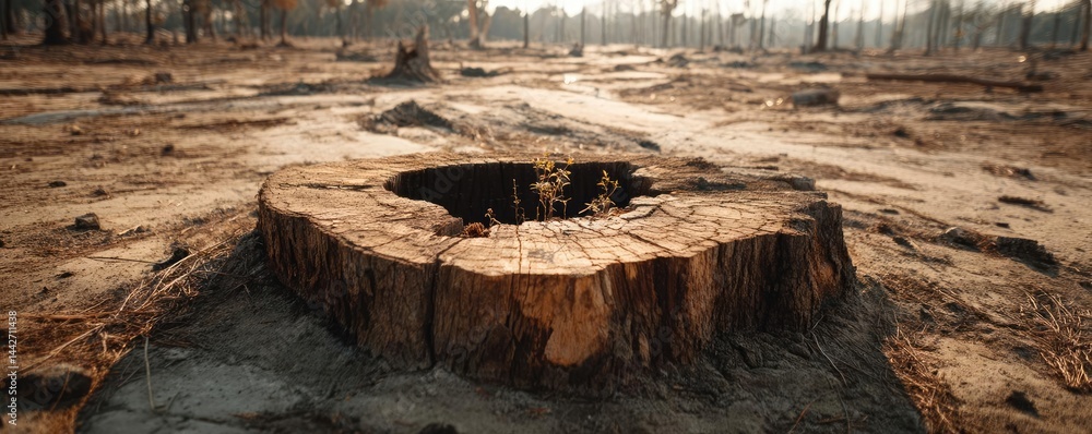Poster tree stump demonstrating illegal logging and ecosystem damage concept. a close-up of a tree stump in