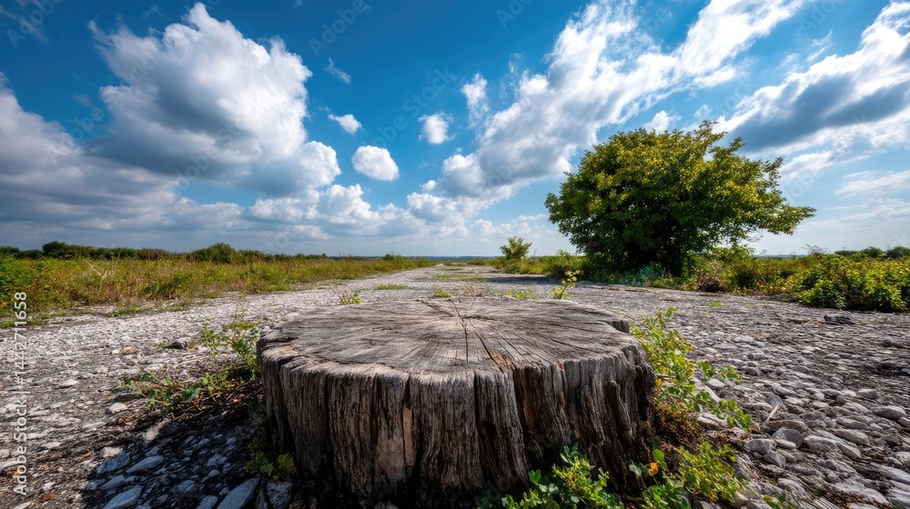 Poster tree stump illustrating the impact of human activity on forests concept. a serene view of a tree stu