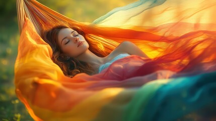 A woman rests on a hammock, wrapped in the warmth of the summer breeze as the colorful fabric moves softly with the wind