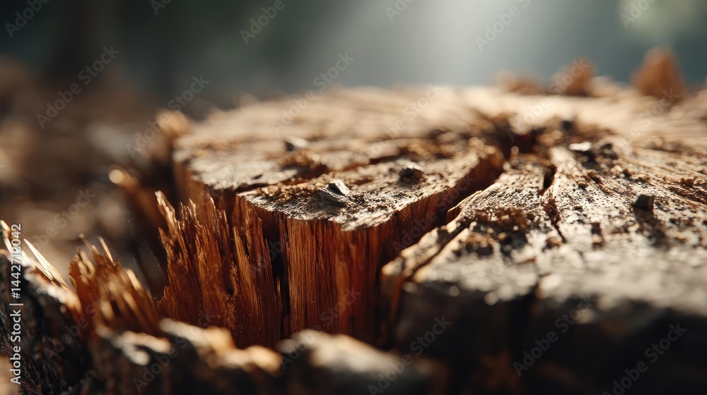 Poster tree stump illustrating climate change effects on deforestation concept. close-up view of a weathere