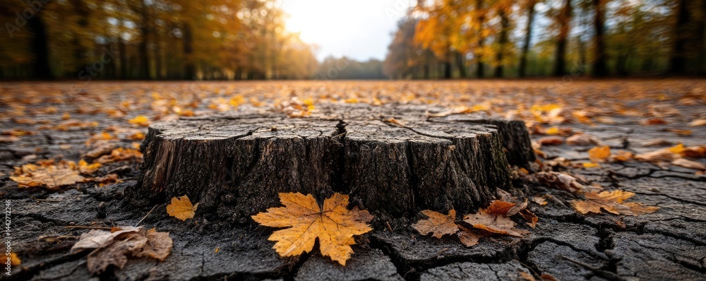 Poster tree stump demonstrating illegal logging and ecosystem damage concept. autumn leaves surround a tree