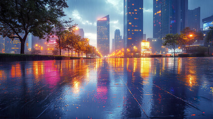Obraz premium vibrant cityscape at night, showcasing colorful reflections on wet pavement during rain